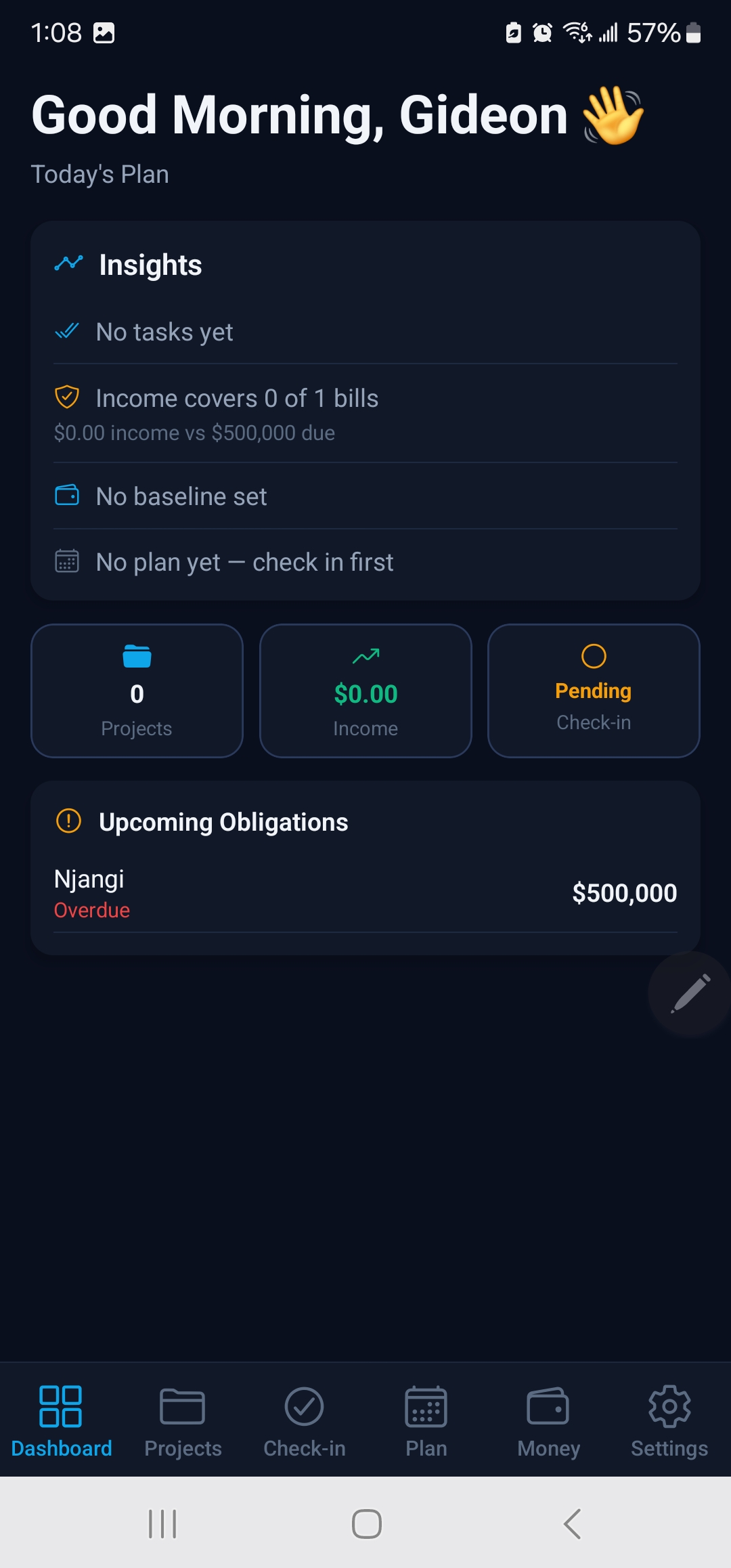 Personalized dashboard with insights, project stats, and upcoming obligations