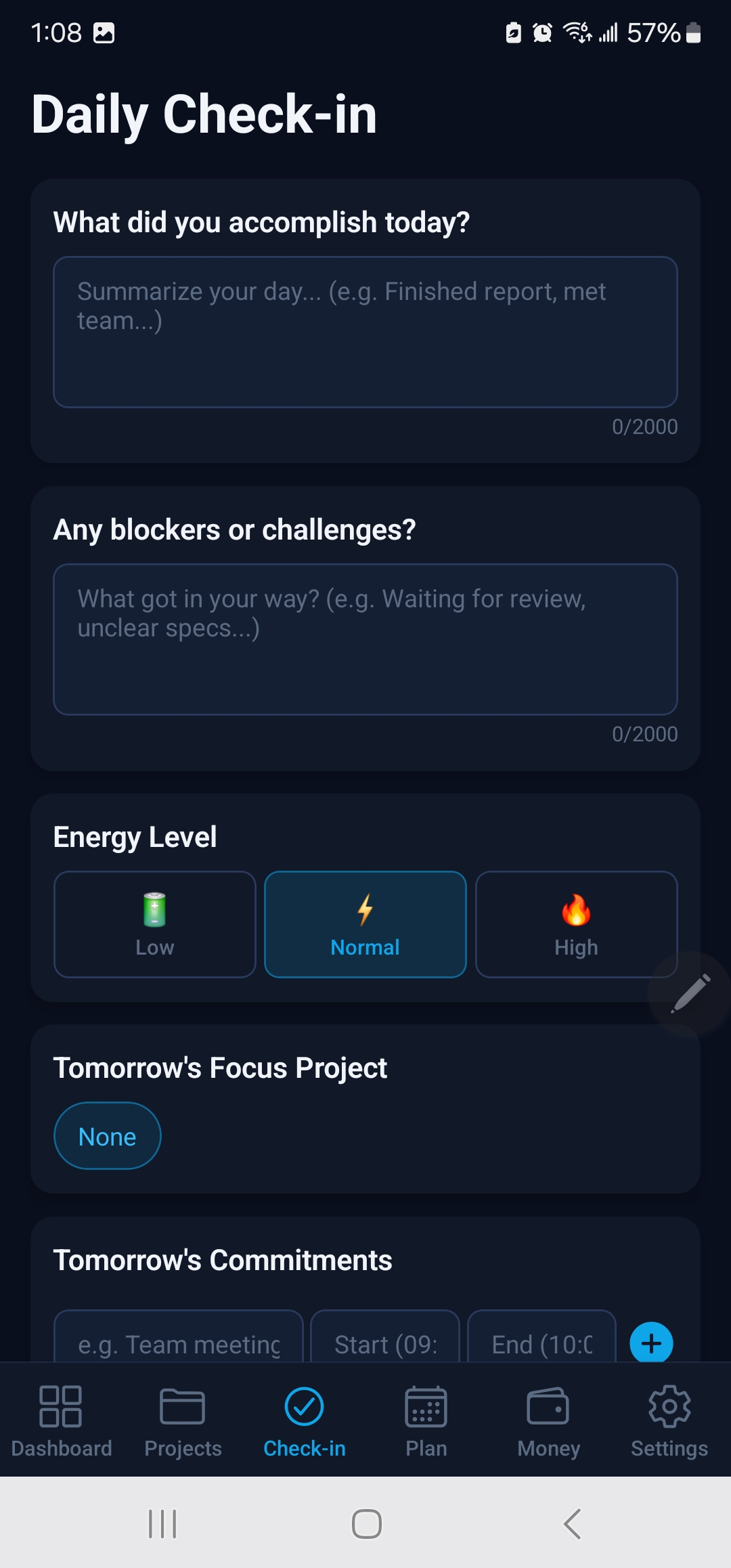 Daily check-in capturing wins, blockers, energy, and tomorrow's focus