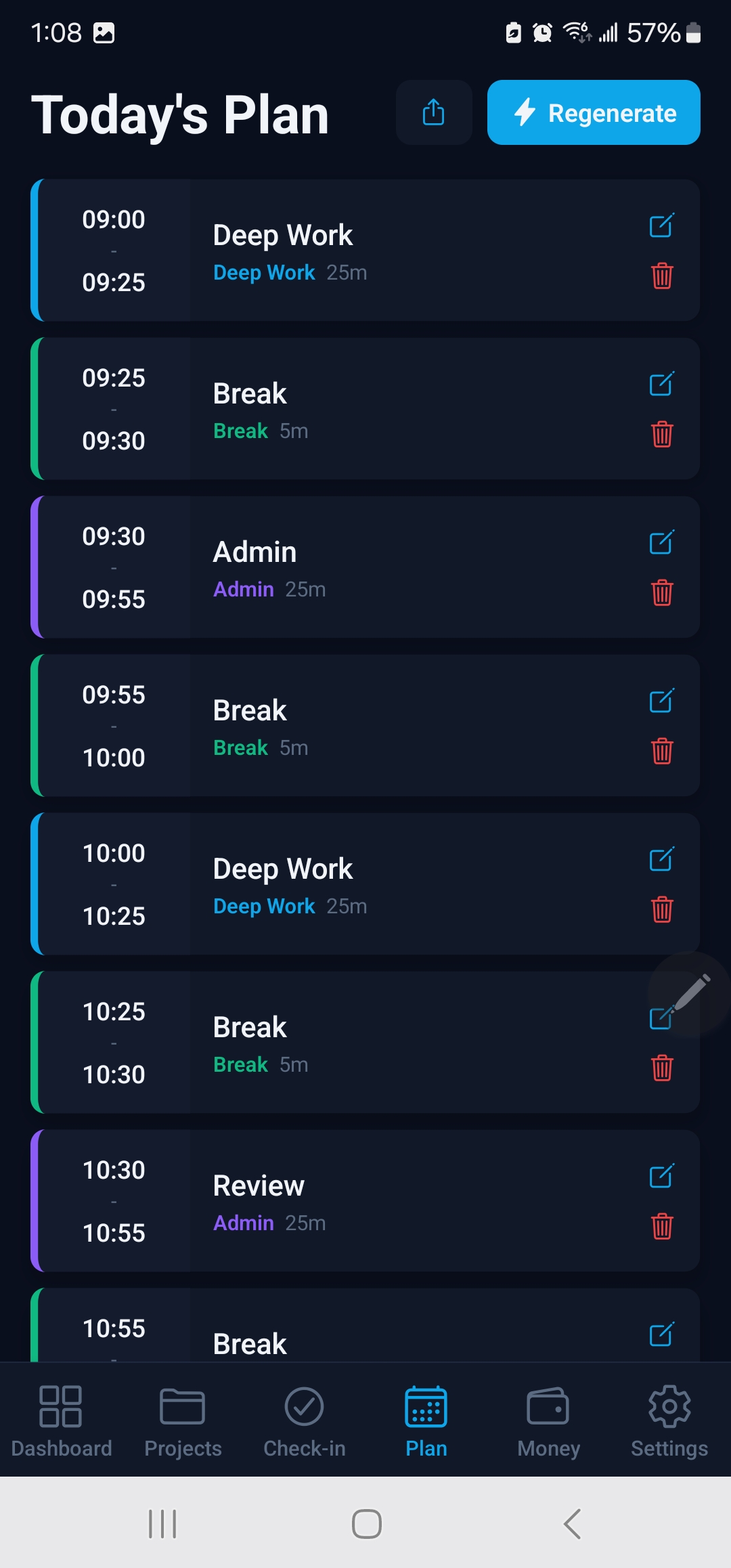 Auto-generated day plan with timed deep work and breaks