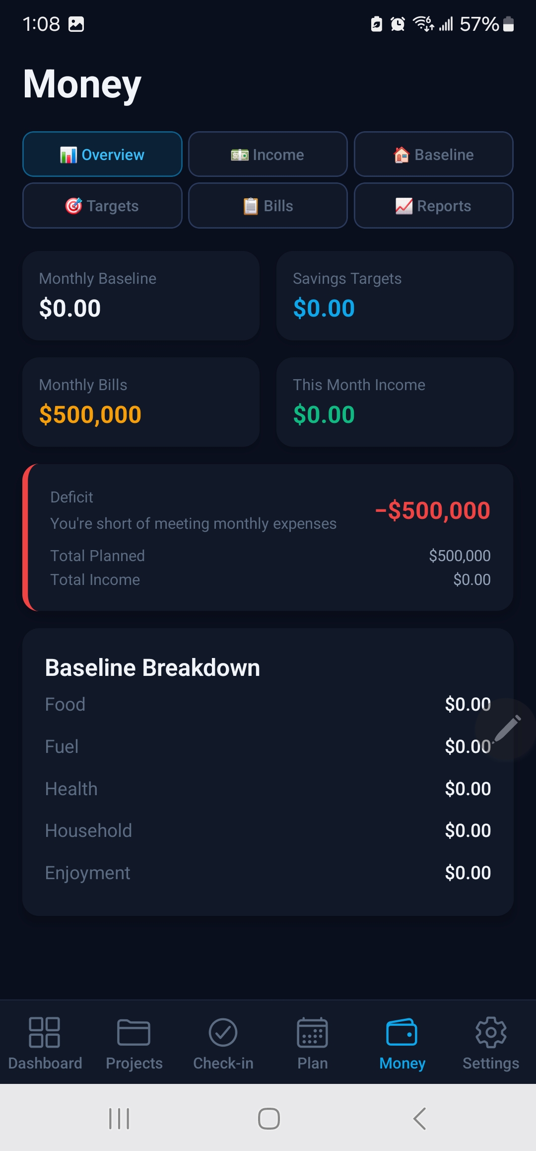 Money overview showing baseline, bills, income, and deficit breakdown