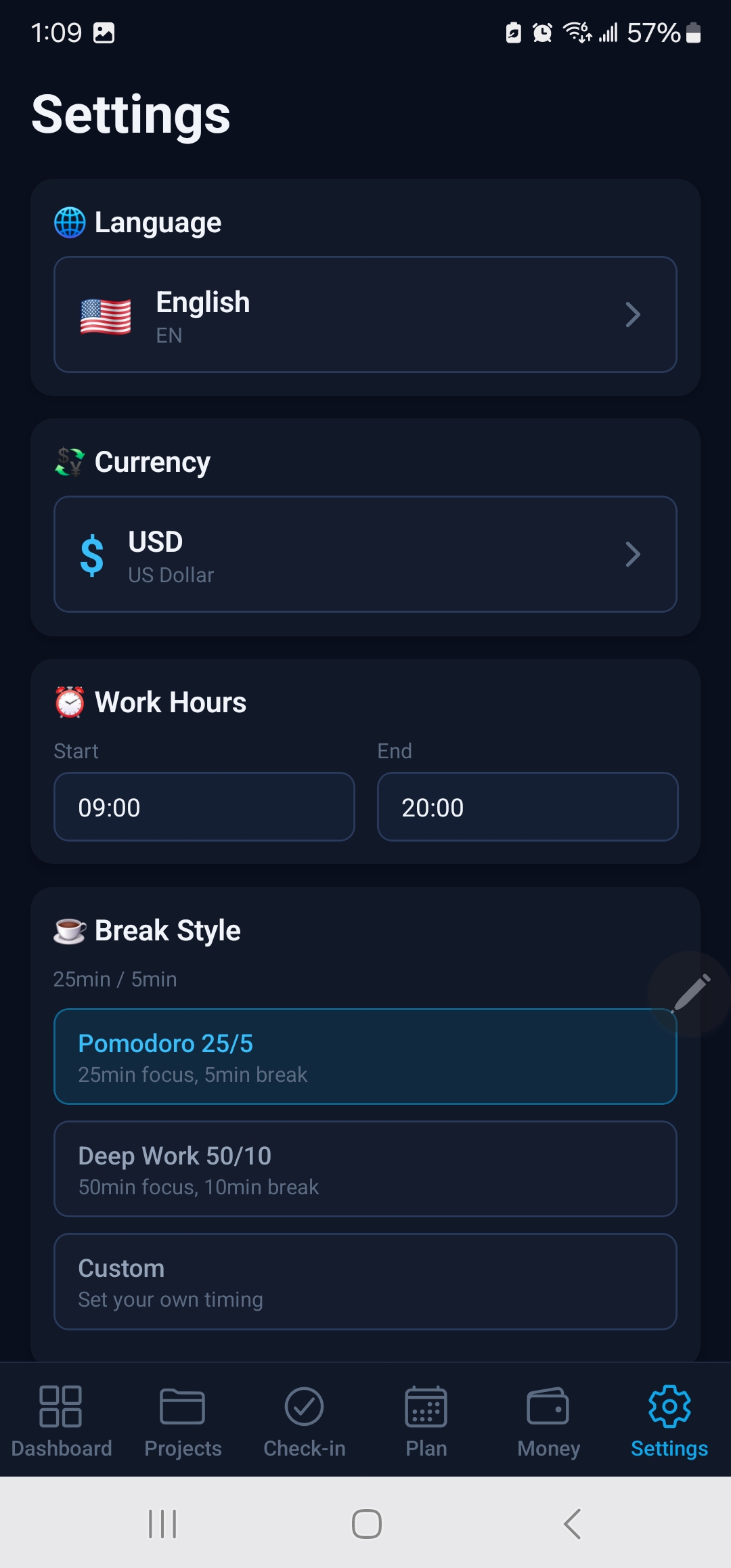 Settings for language, currency, work hours, and break style