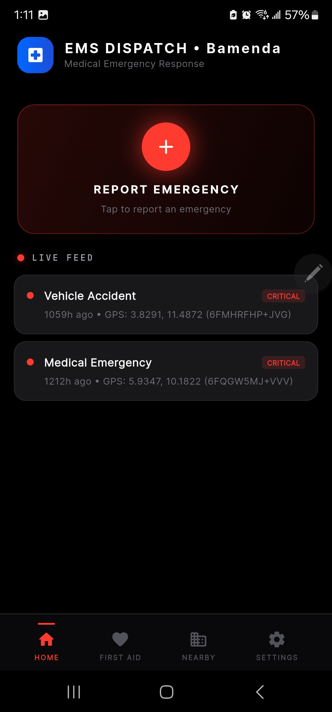 Home dashboard with one-tap emergency reporting and live incident feed