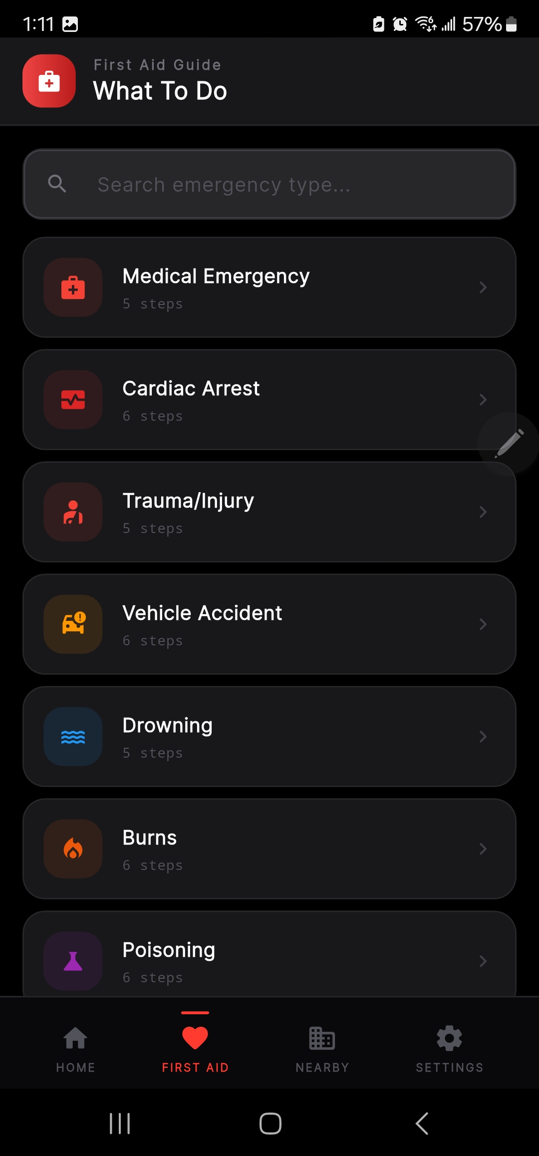 Searchable first-aid guide covering cardiac arrest, burns, drowning, and poisoning