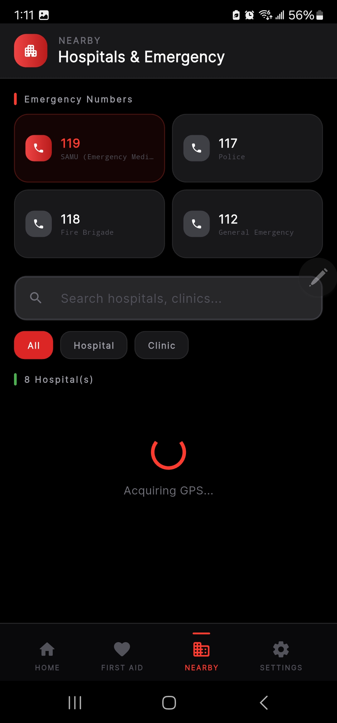 Nearby hospitals finder with national emergency hotline shortcuts
