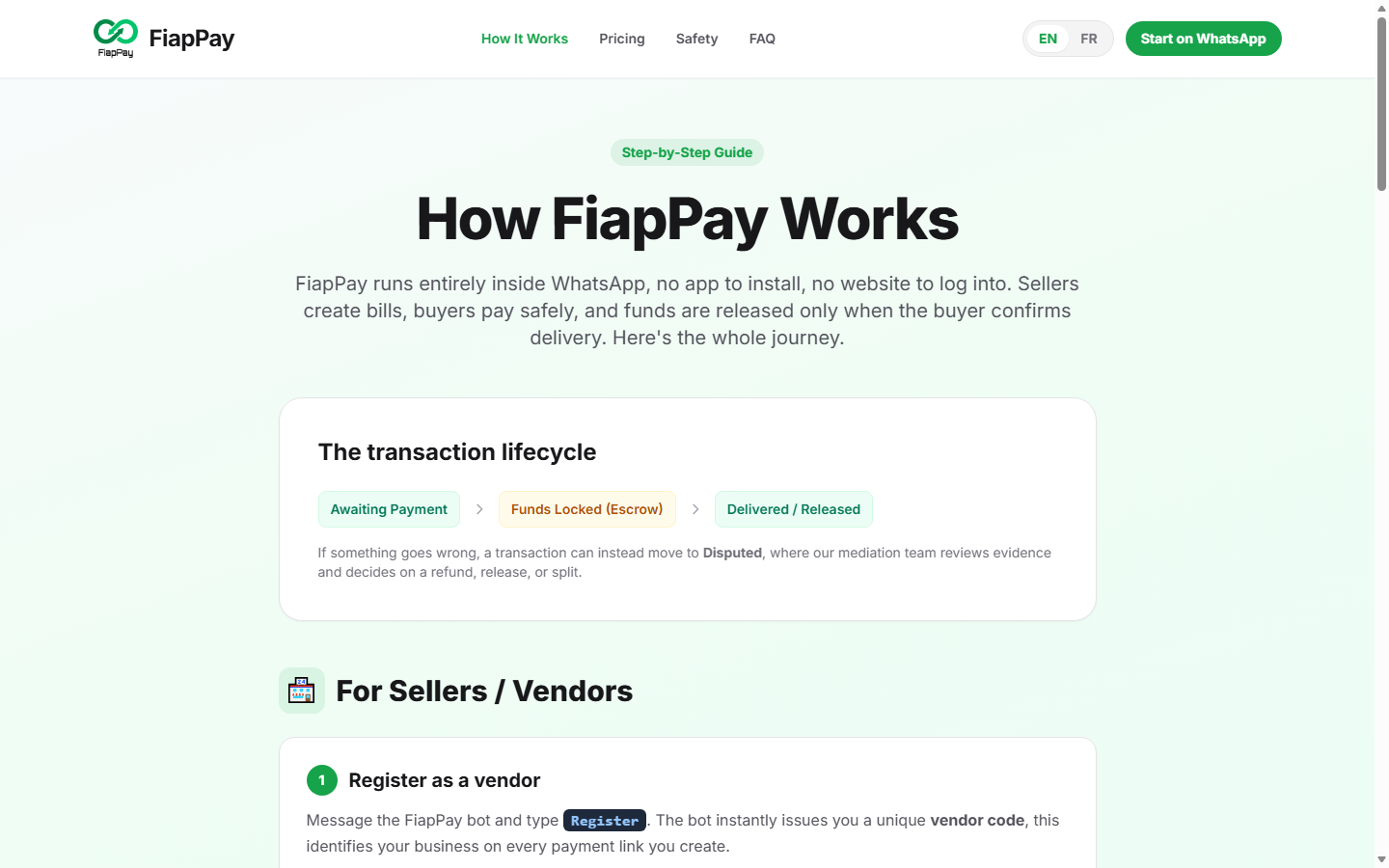 The transaction lifecycle: awaiting payment, funds locked in escrow, delivered and released