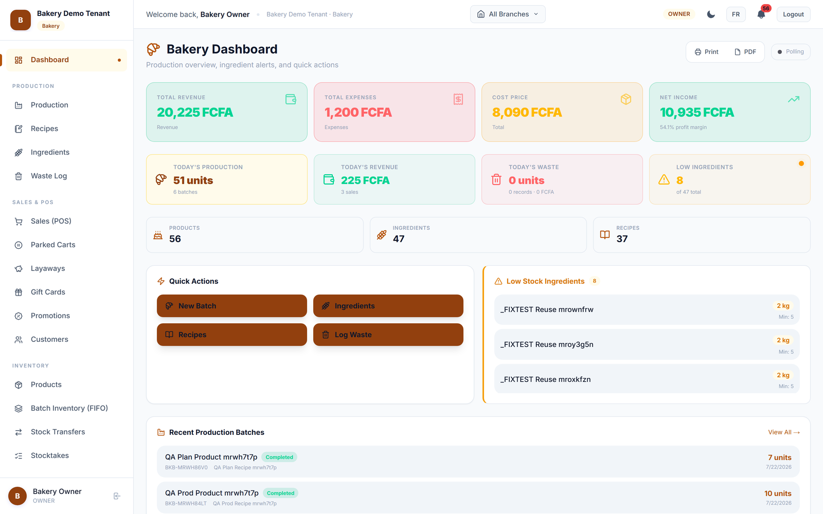 Bakery dashboard with production batches and raw material inventory