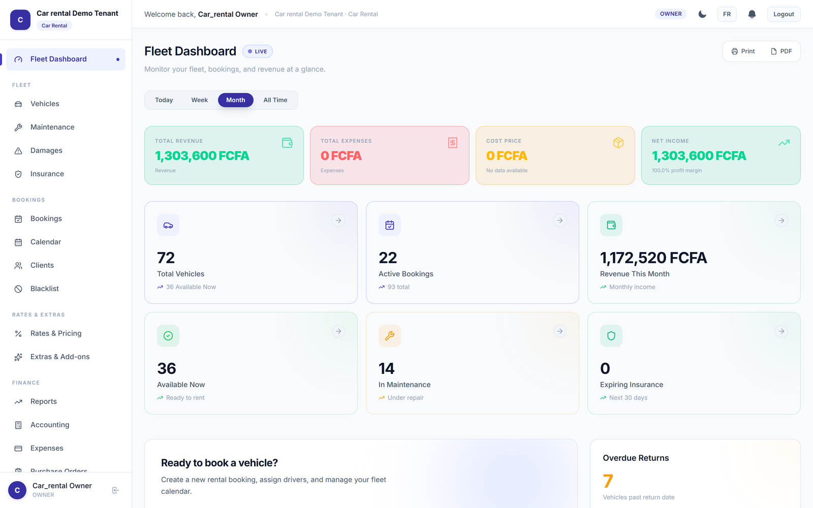 Car rental dashboard with fleet availability and rental tracking