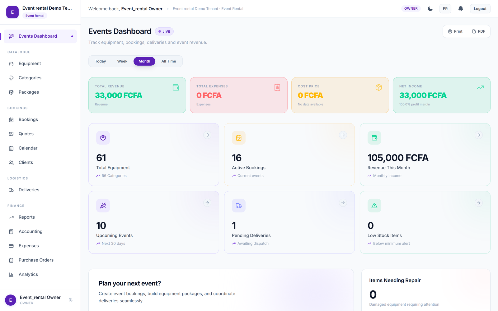 Event rentals dashboard with equipment bookings and schedules