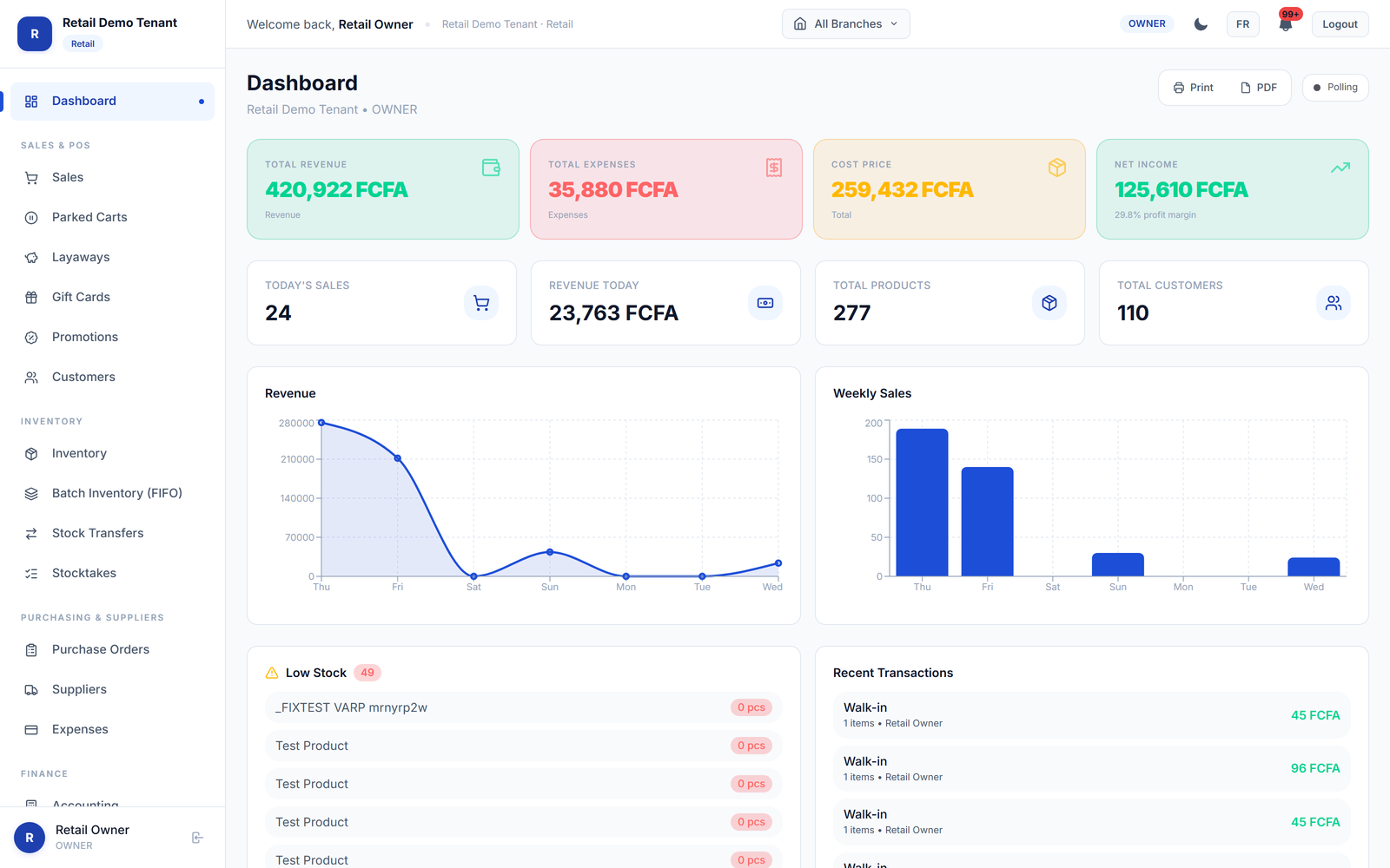 Retail dashboard with sales, inventory, and vendor tracking