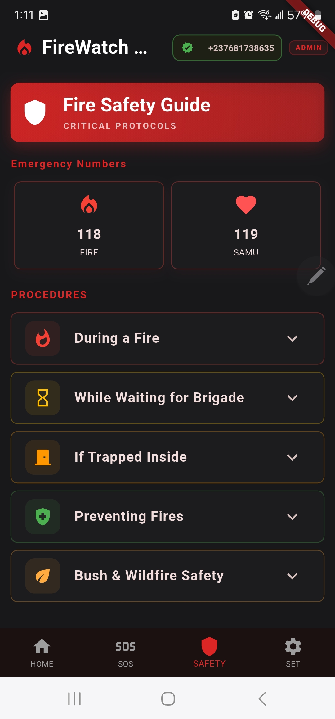 Fire safety guide with emergency numbers and response protocols