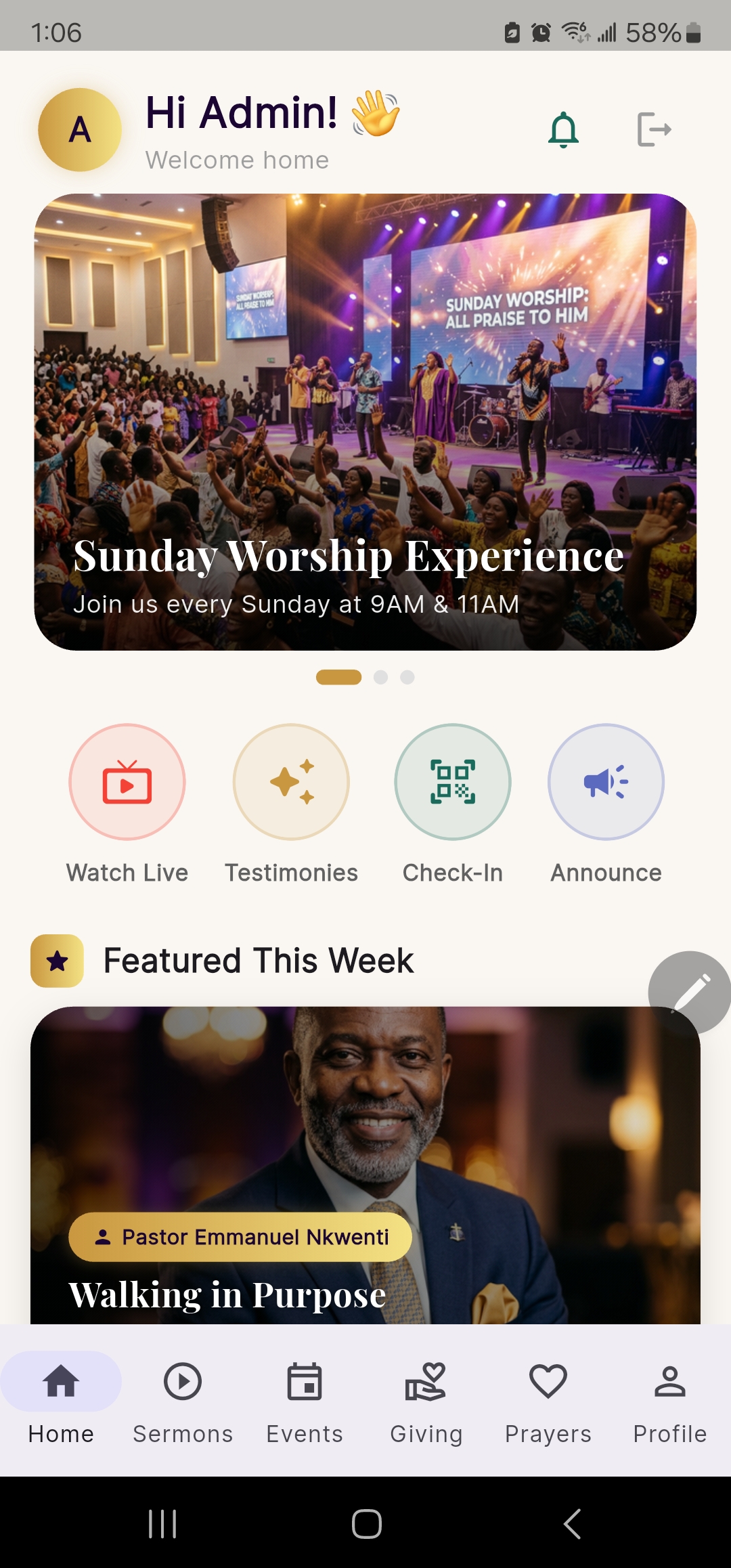 Personalized home dashboard with worship banner and quick actions