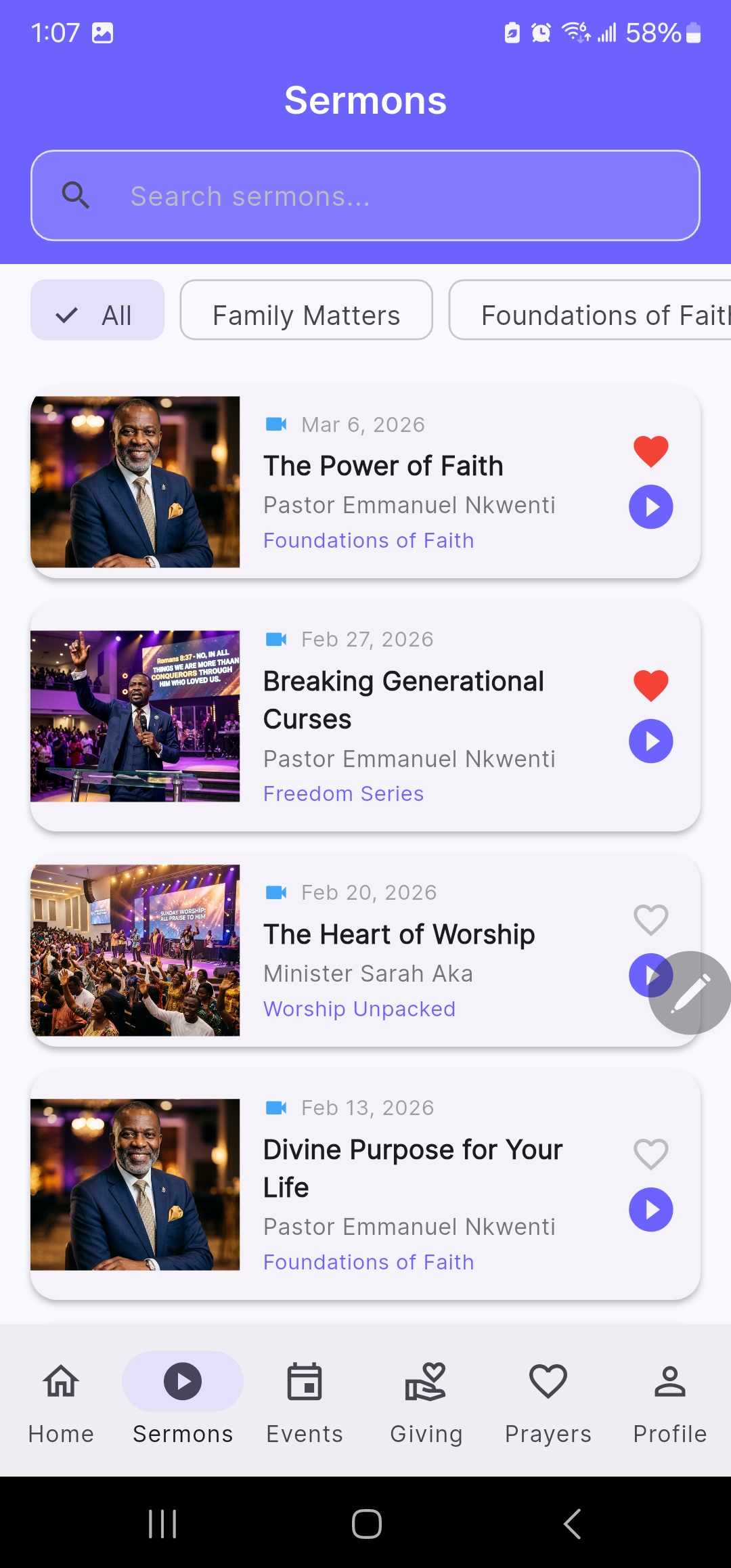 Searchable sermon library with series filters, favorites, and playback