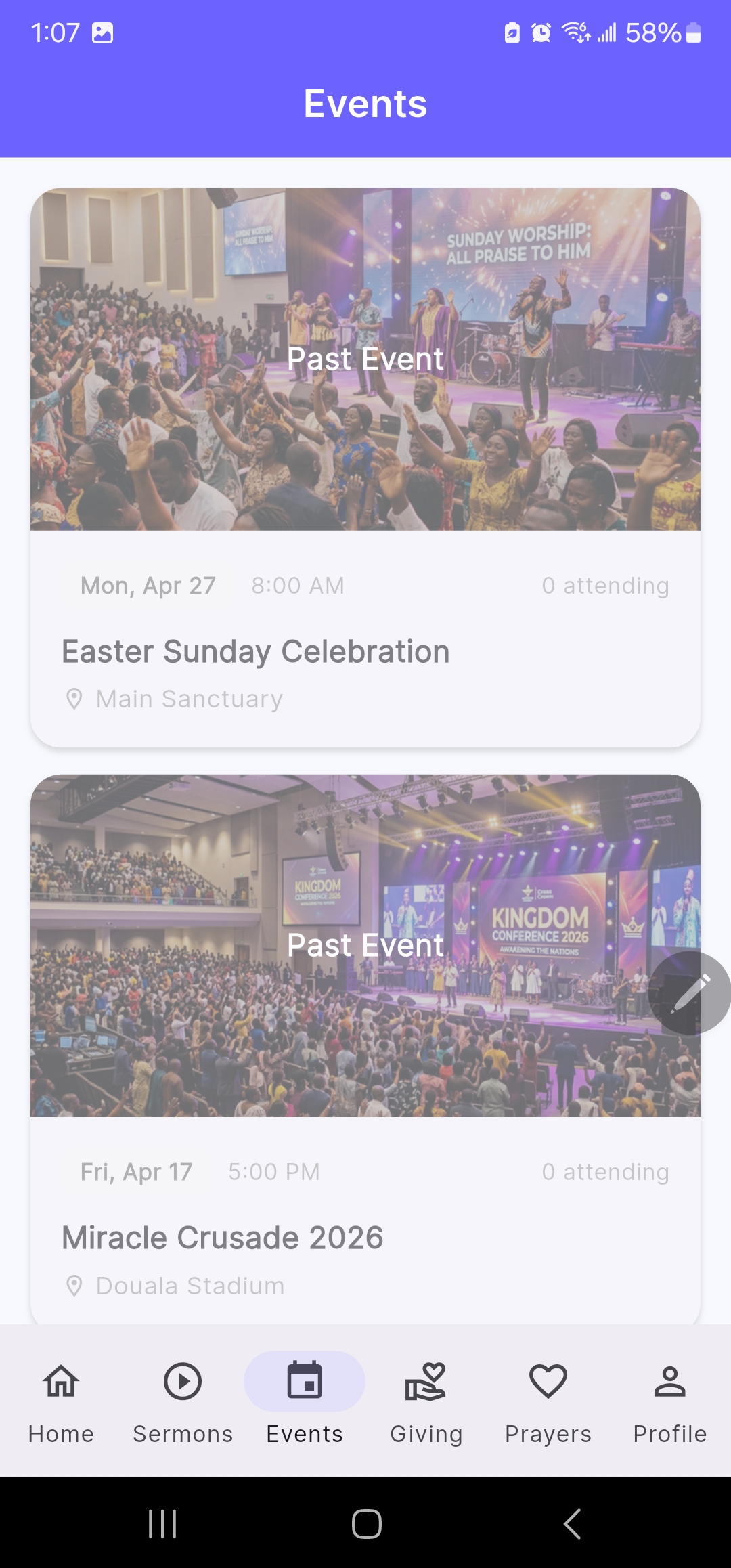 Church events feed showing dates, venues, and attendance