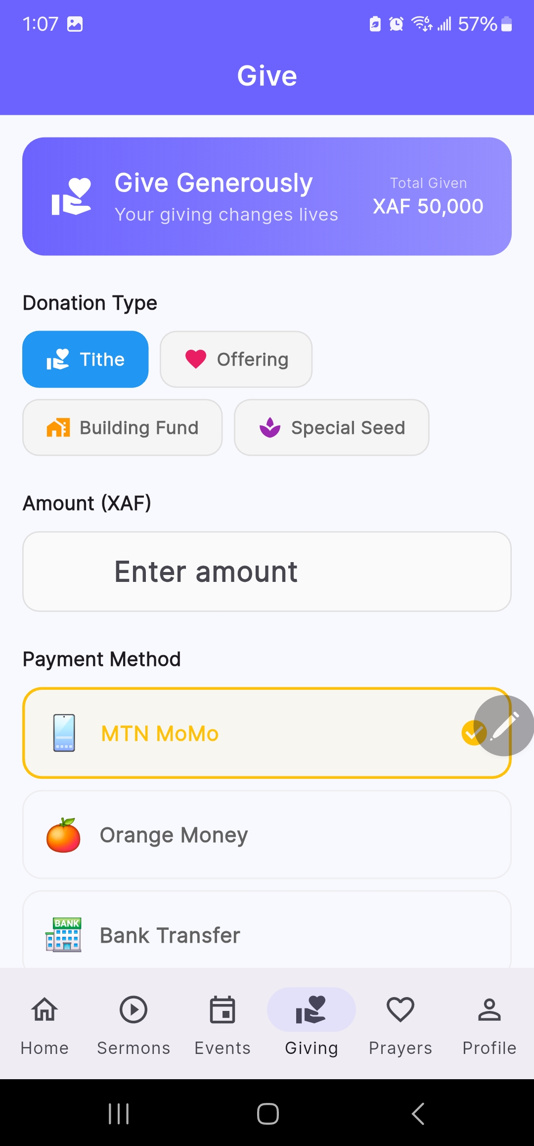 Giving screen with tithe types and mobile money payment options