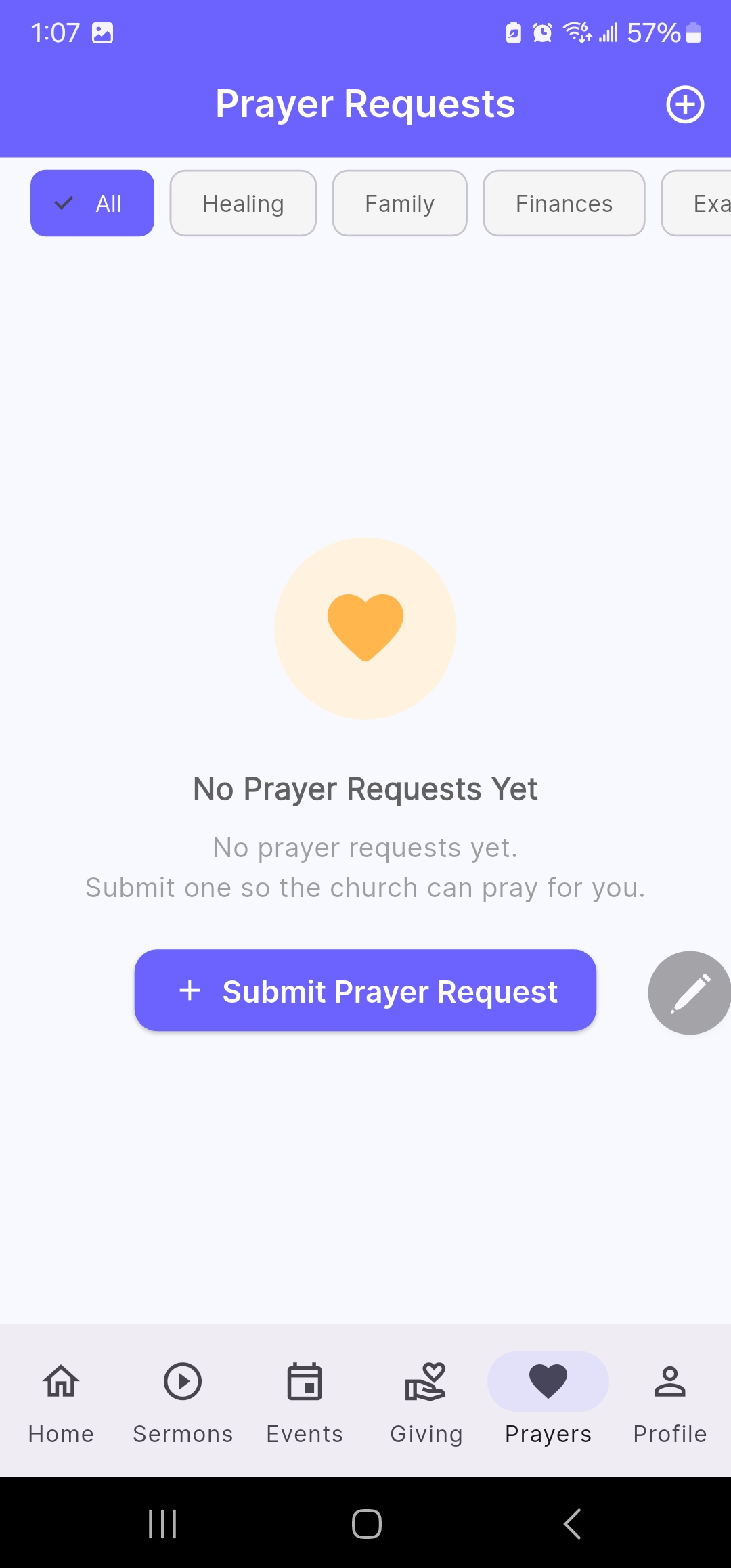 Prayer requests hub with categories and submissions