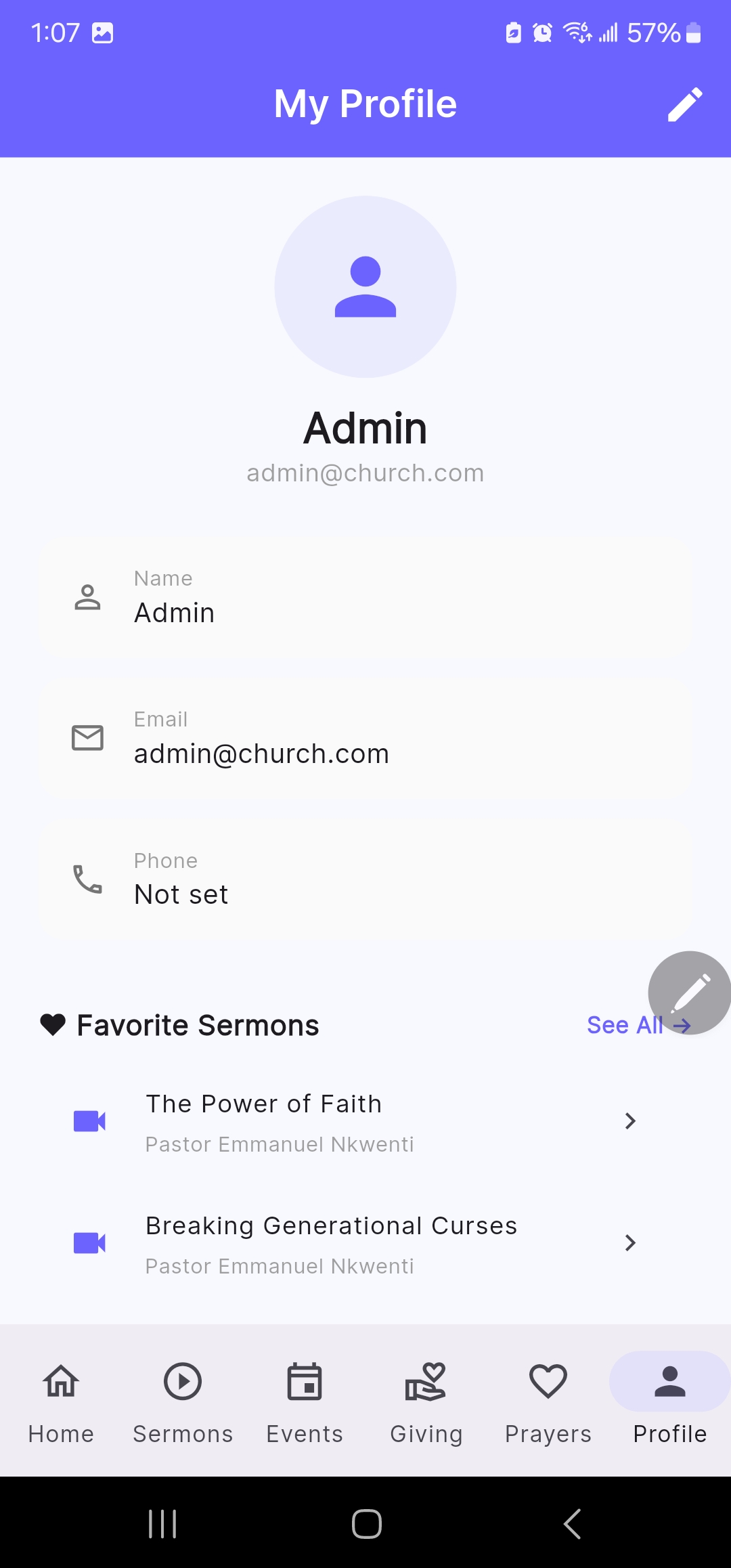 Member profile with contact details and favorited sermons
