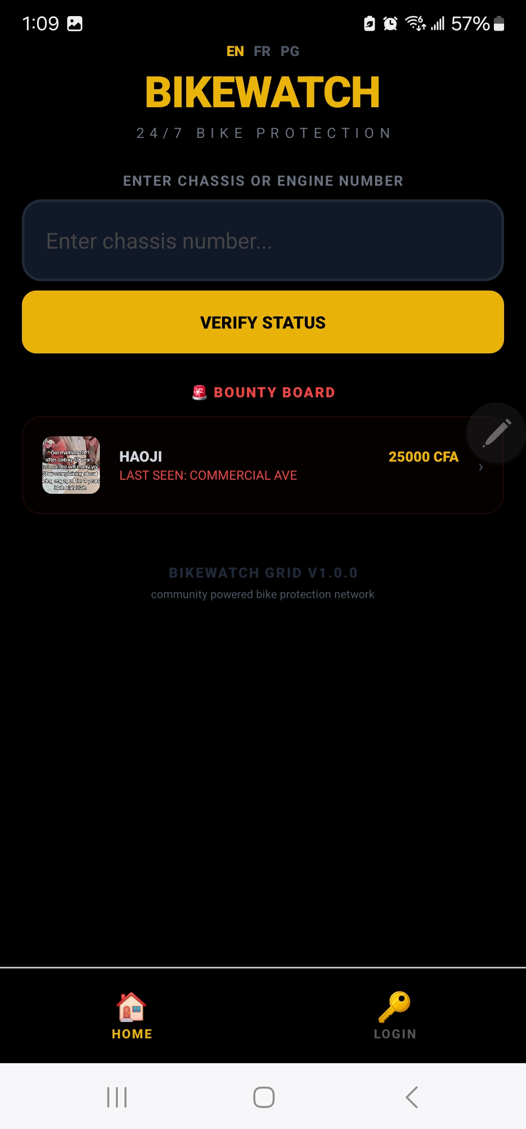 Public chassis lookup with stolen-bike bounty board and rewards