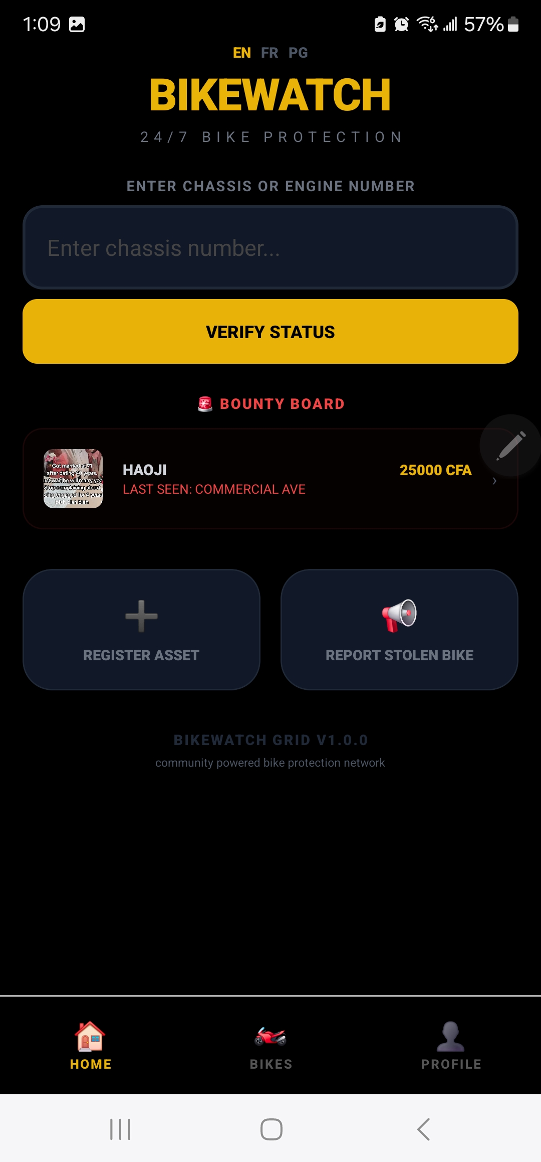 Home screen with register asset and report stolen shortcuts