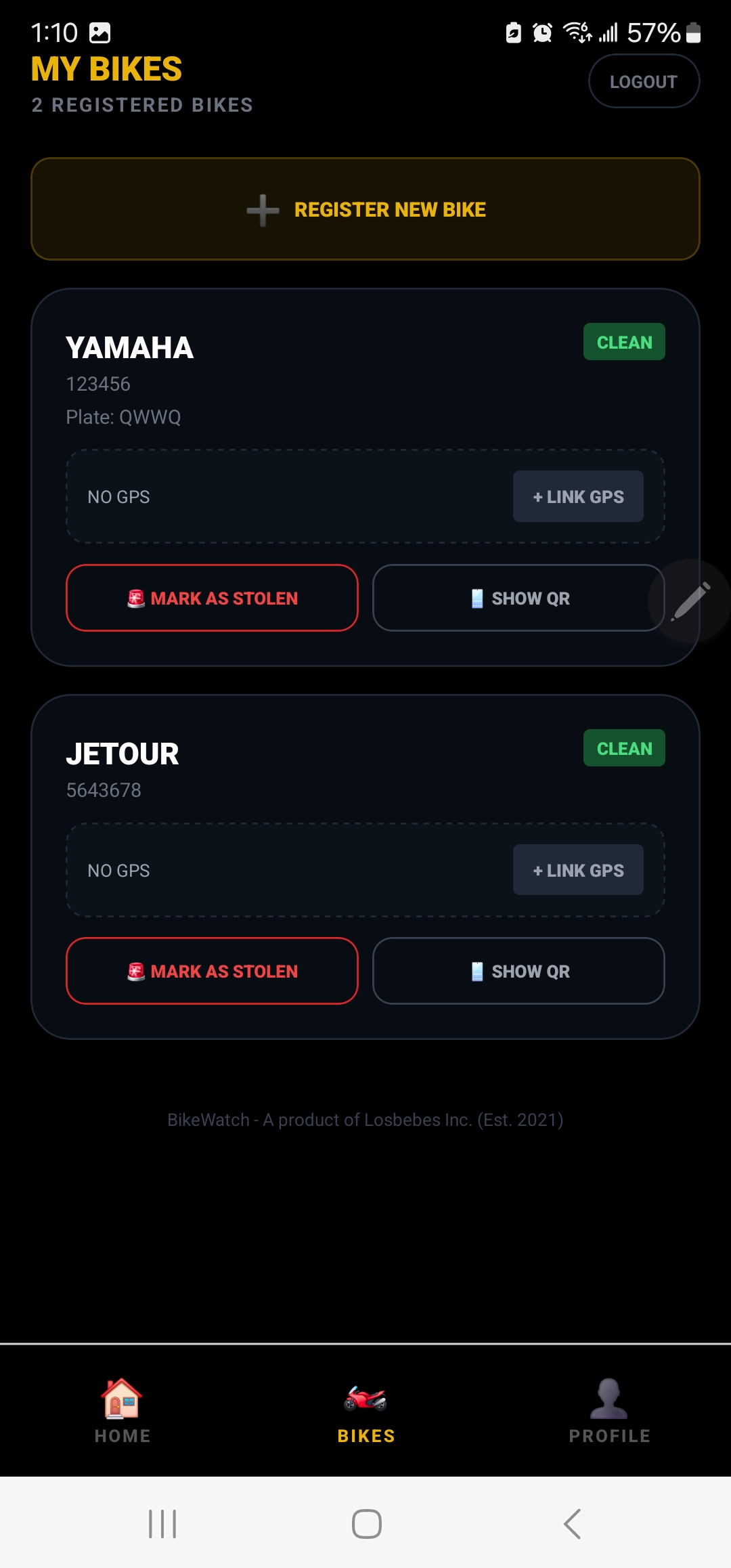 My Bikes list with clean status, GPS linking, and QR codes