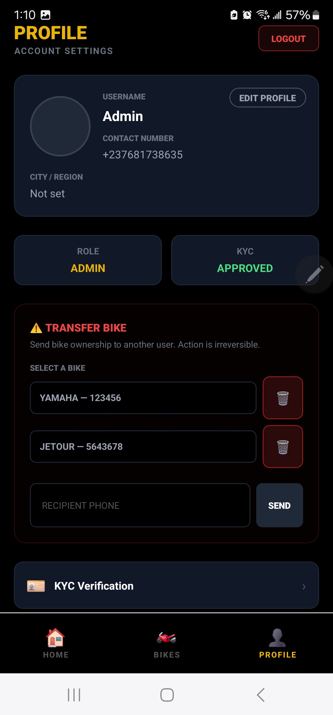 Admin profile with KYC approval and bike ownership transfer